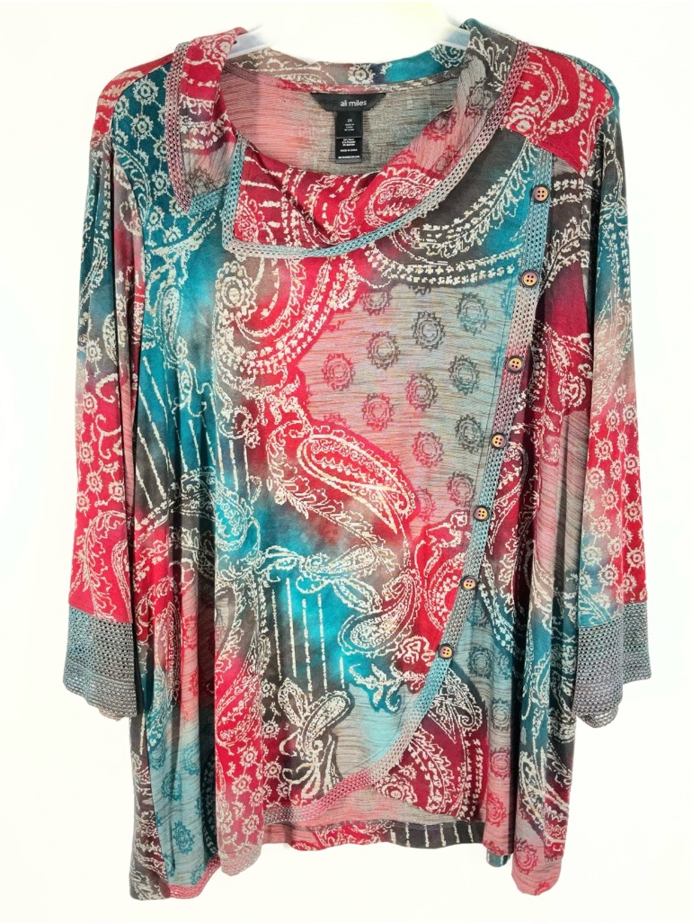 Ali Miles Multicolor Bohemian Paisley Print Pullover Tunic Top Women 2X